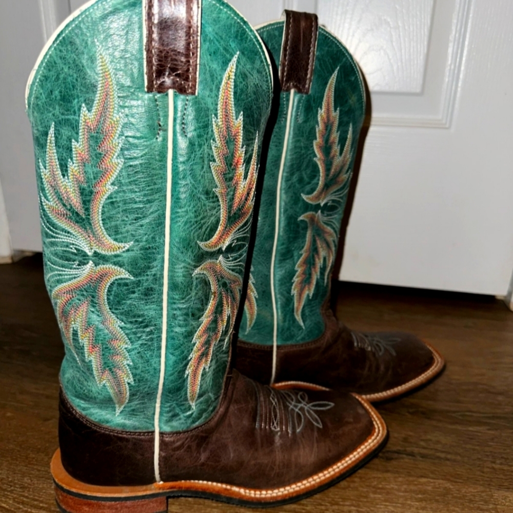 Justin Boots Green and Brown Heeled Western Boots
